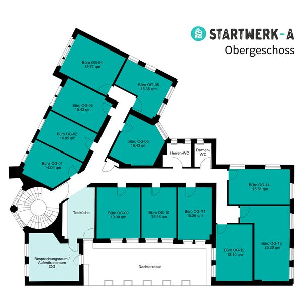 Grundriss und Büroflächen im Obergeschoss des StartWerk-A Eventspace