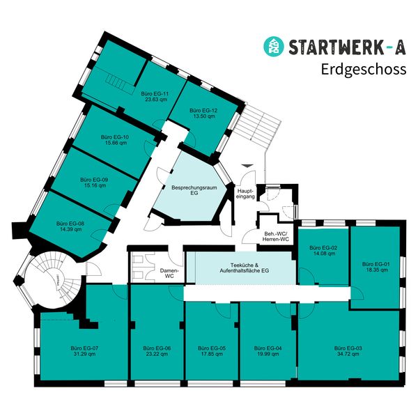 Grundriss und Büroflächen im Erdgeschoss des StartWerk-A Eventspace