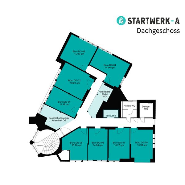 Grundriss und Büroflächen im Dachgeschoss des StartWerk-A Eventspace